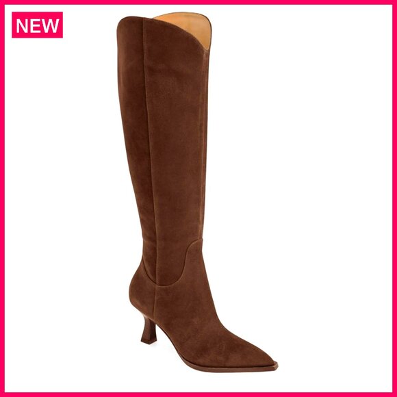 Shoes - Wide Calf Knee High Boots Kitten Heel Pointed Toe Side Zipper Fall Winter